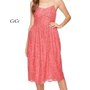CeCe Aurora Pink Floral Lace Fringe Trim Spaghetti Strap Midi Dress NWT Size 12